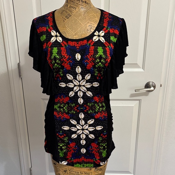 Custo Barcelona Tops - Custo Barcelona Line blouse top (3) shell abstract print ruffle sleeve Y2K boho